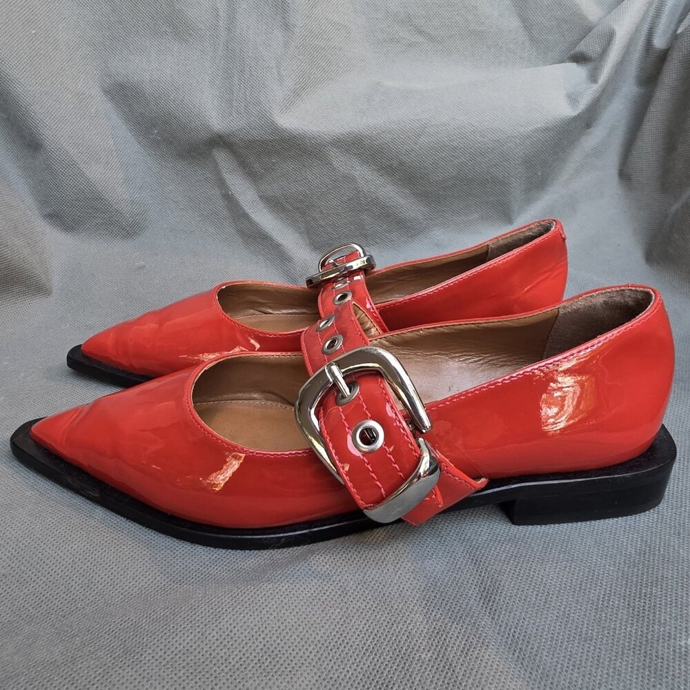 MAEVE Patent Leather Cherry Red Moto Pointed Toe Mary Jane Flats Shoes Sz 36 5.5 - Picture 6 of 9